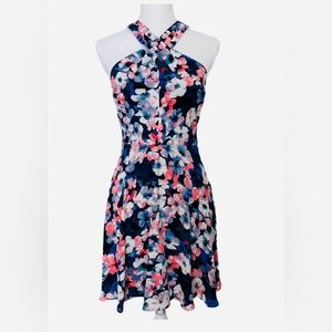 Express blue and pink floral print mini dress criss-cross halter neckline